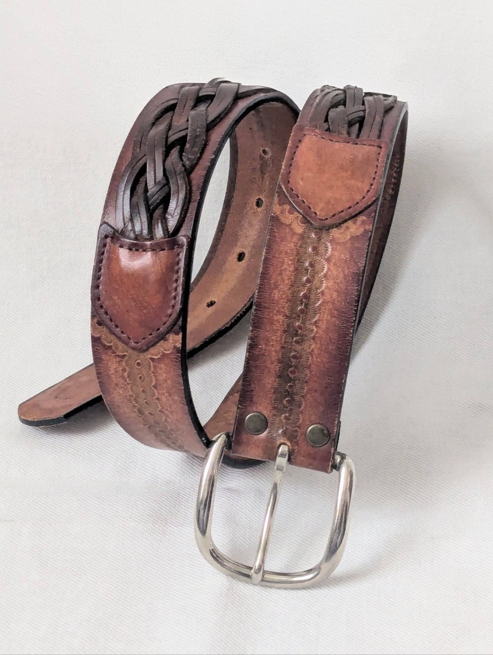 Vintage Leegin USA Full Grain Leather Western Tooled Floral Braided Belt Sz 30